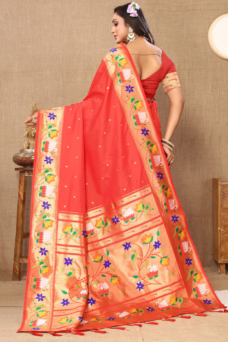 Beguiling Red Paithani Silk Saree With Embellished Blouse Piece - Surats Fabric