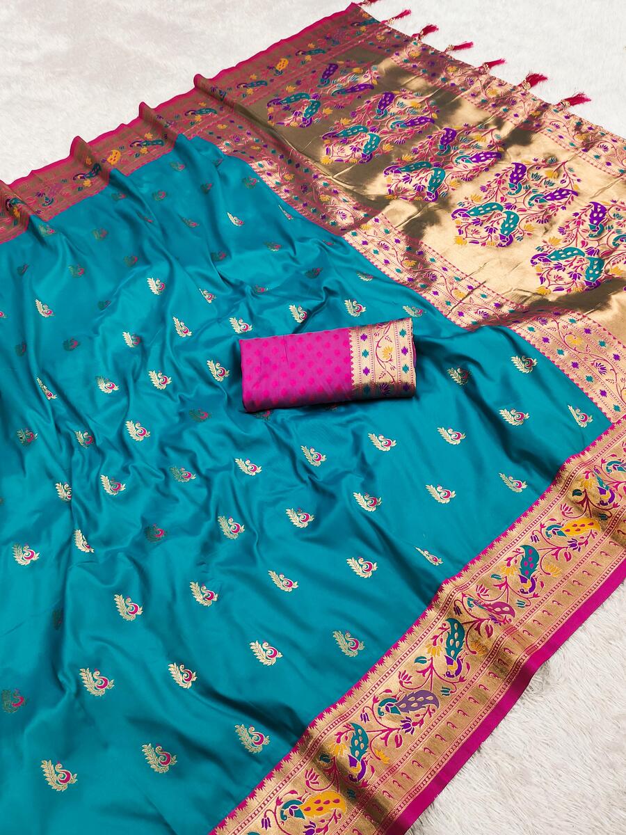 Appealing Firozi Paithani Silk Saree With Ethnic Blouse Piece - Surats Fabric