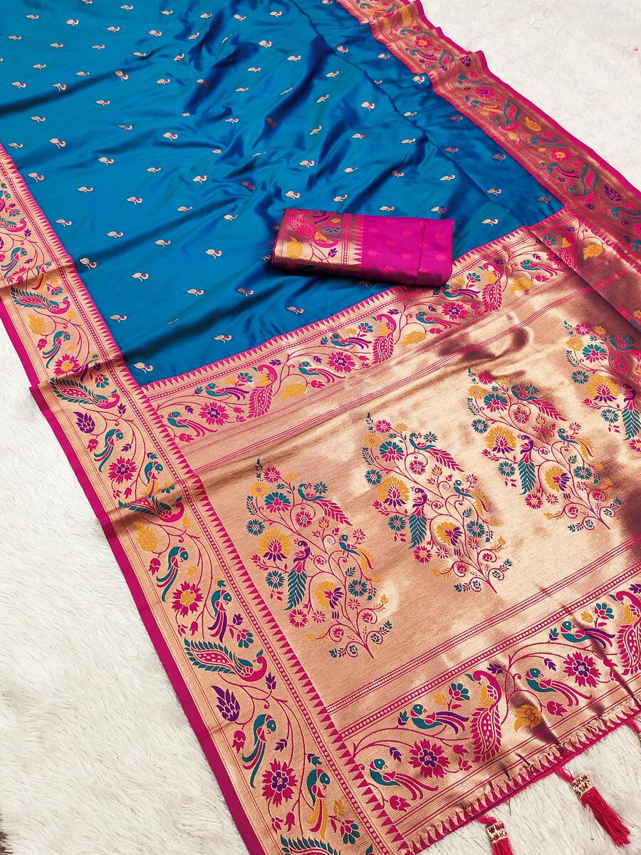 Brood Blue Paithani Silk Saree With Sensational Blouse Piece - Surats Fabric