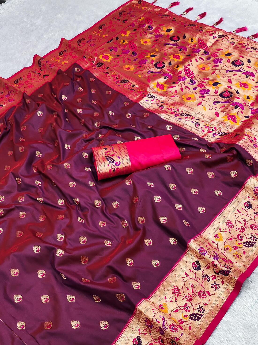 Brood Wine Paithani Silk Saree With Smashing Blouse Piece - Surats Fabric