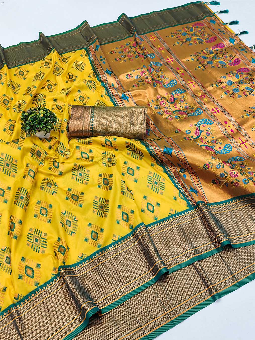 Brood Yellow Paithani Silk Saree With Demure Blouse Piece - Surats Fabric