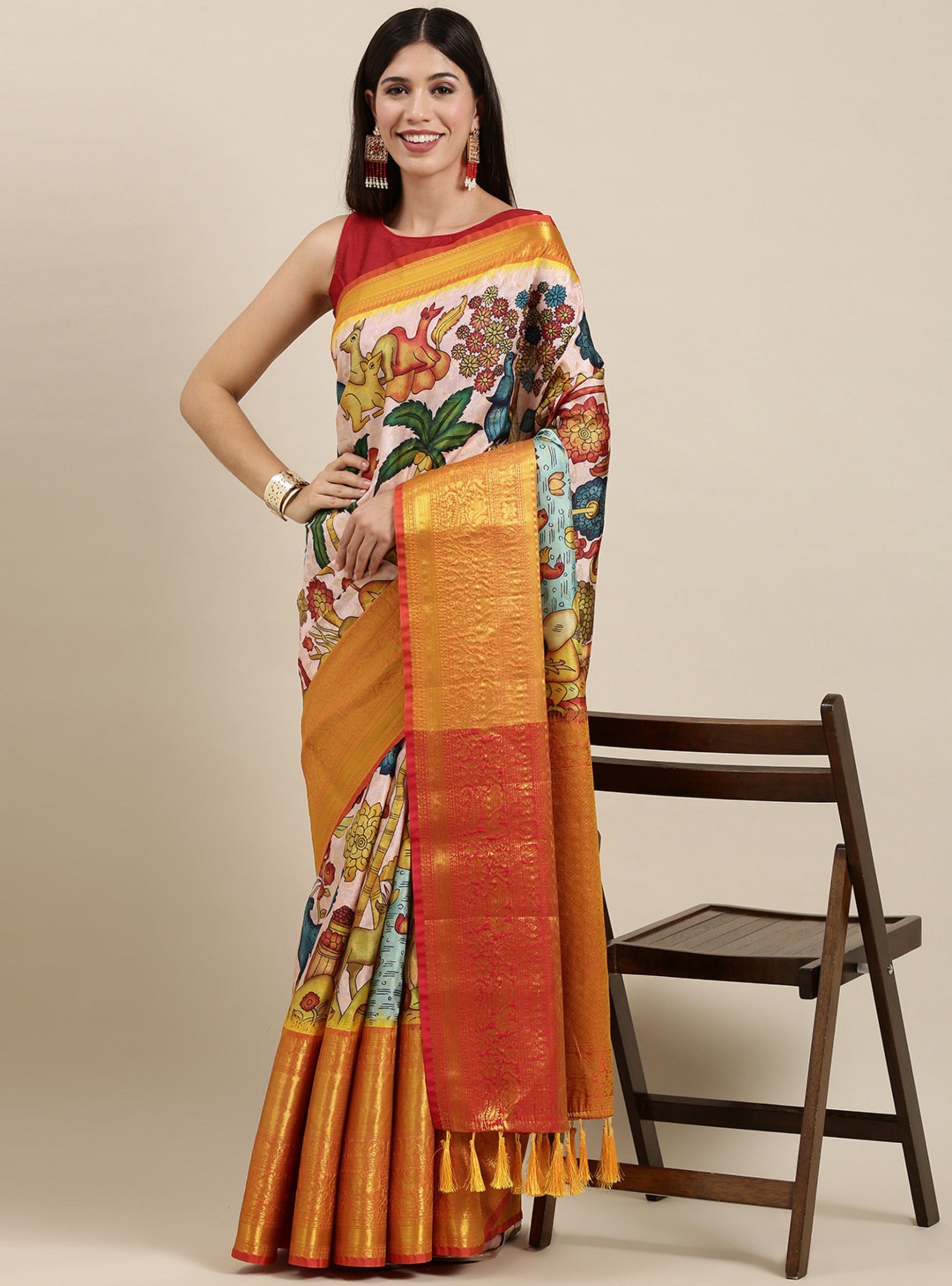 Arresting Beige Kalamkari Printed Saree With Impressive Blouse Piece - Surats Fabric