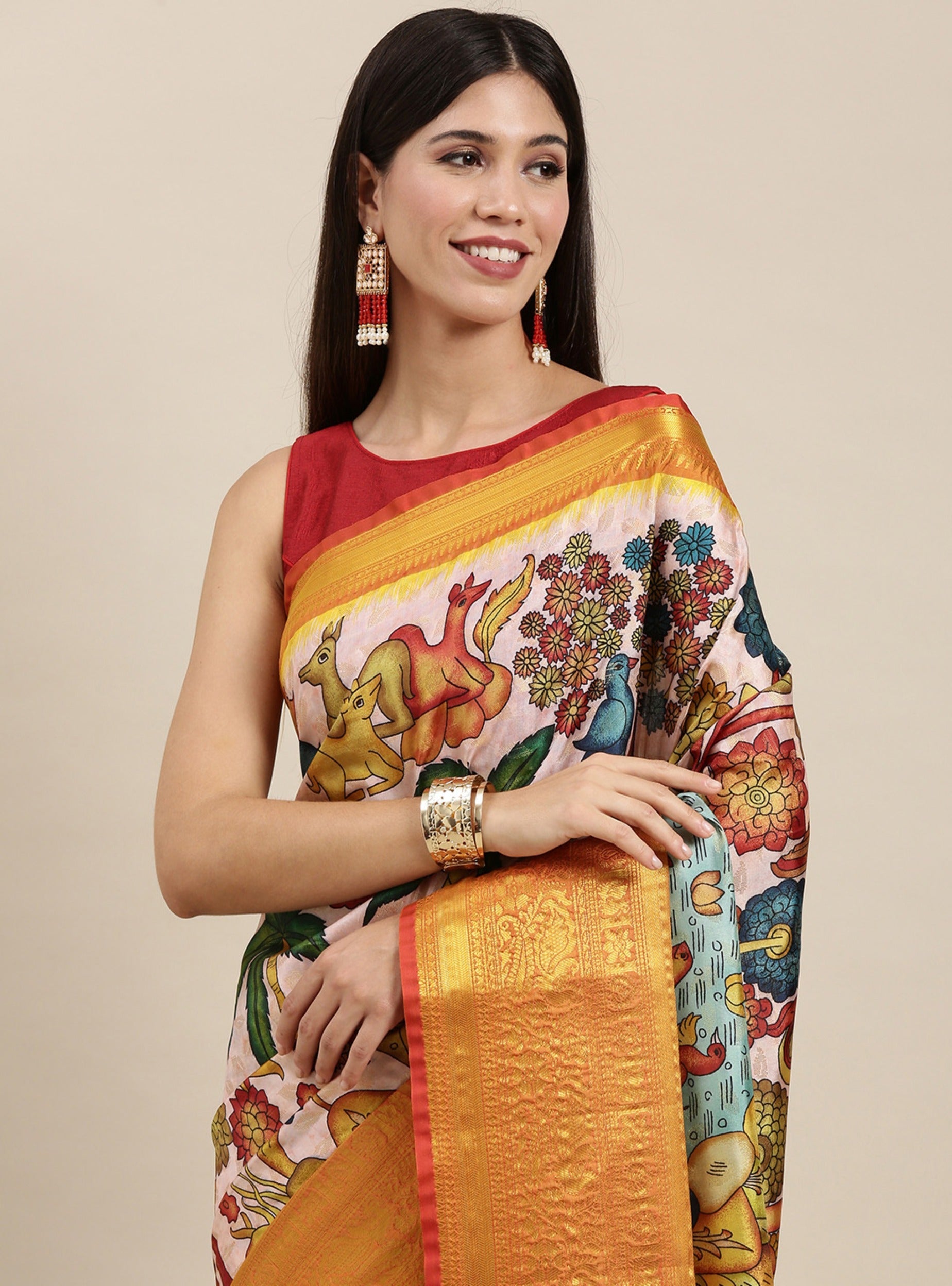 Arresting Beige Kalamkari Printed Saree With Impressive Blouse Piece - Surats Fabric