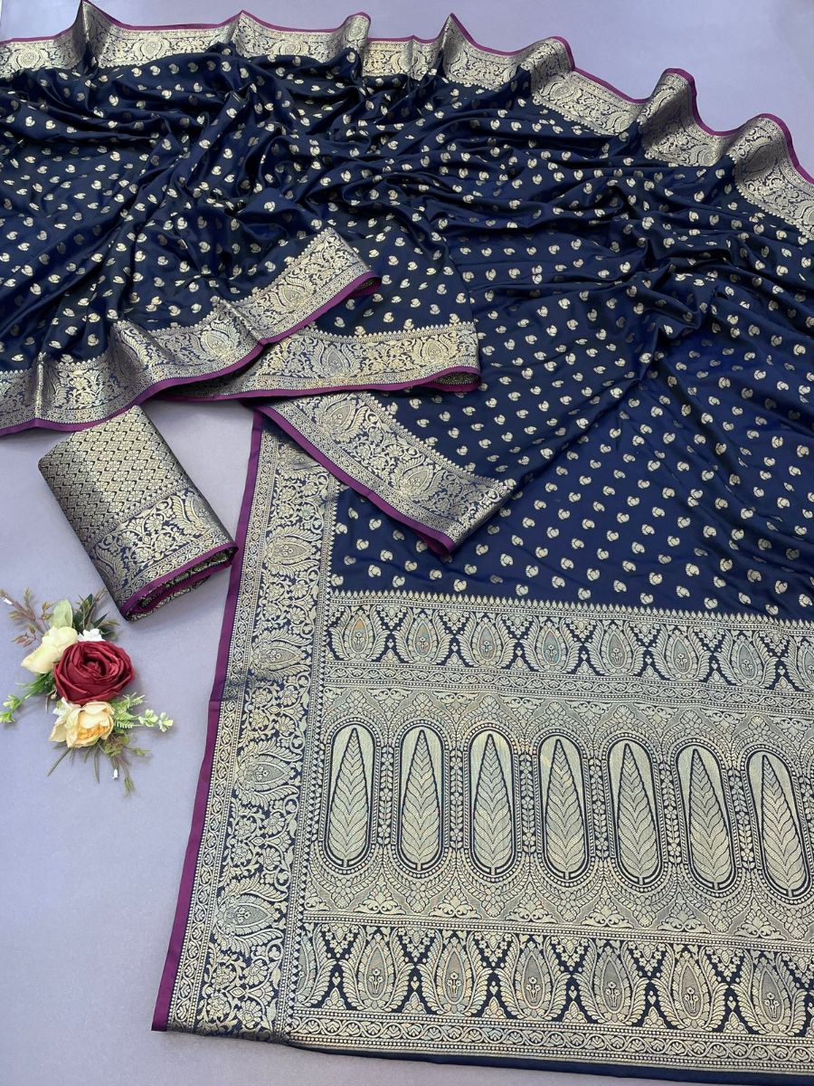Blissful Navy Blue Banarasi Satin Silk Saree With Adoring Blouse - Surats Fabric