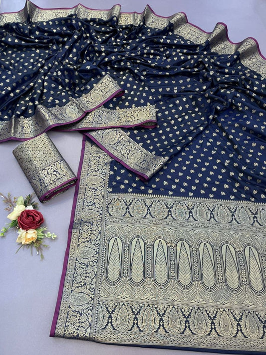 Blissful Navy Blue Banarasi Satin Silk Saree With Adoring Blouse - Surats Fabric
