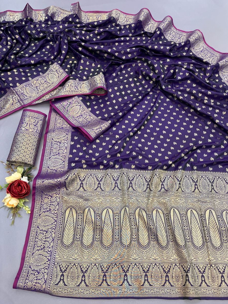 Assemblage Purple Banarasi Satin Silk Saree With Embrocation Blouse - Surats Fabric