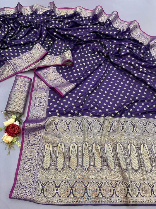 Assemblage Purple Banarasi Satin Silk Saree With Embrocation Blouse - Surats Fabric