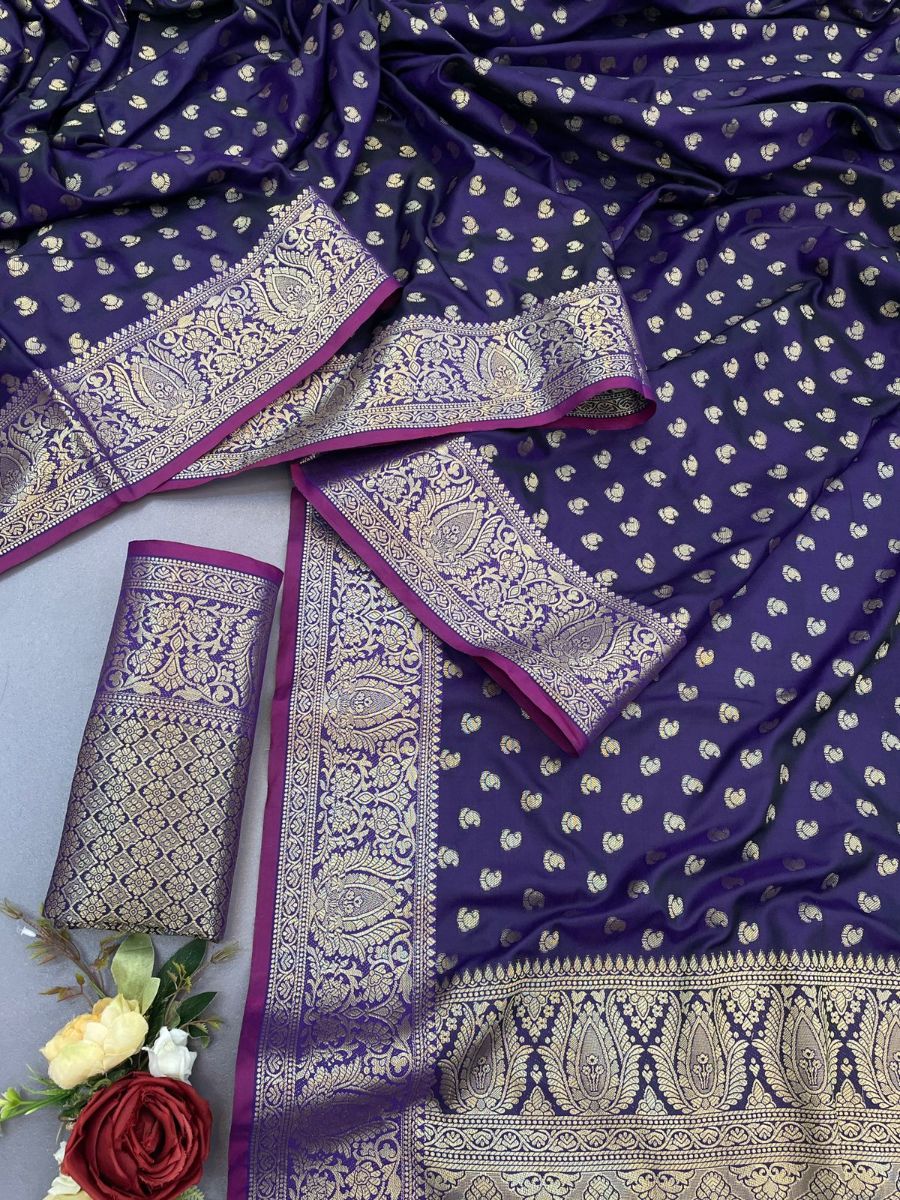 Assemblage Purple Banarasi Satin Silk Saree With Embrocation Blouse - Surats Fabric