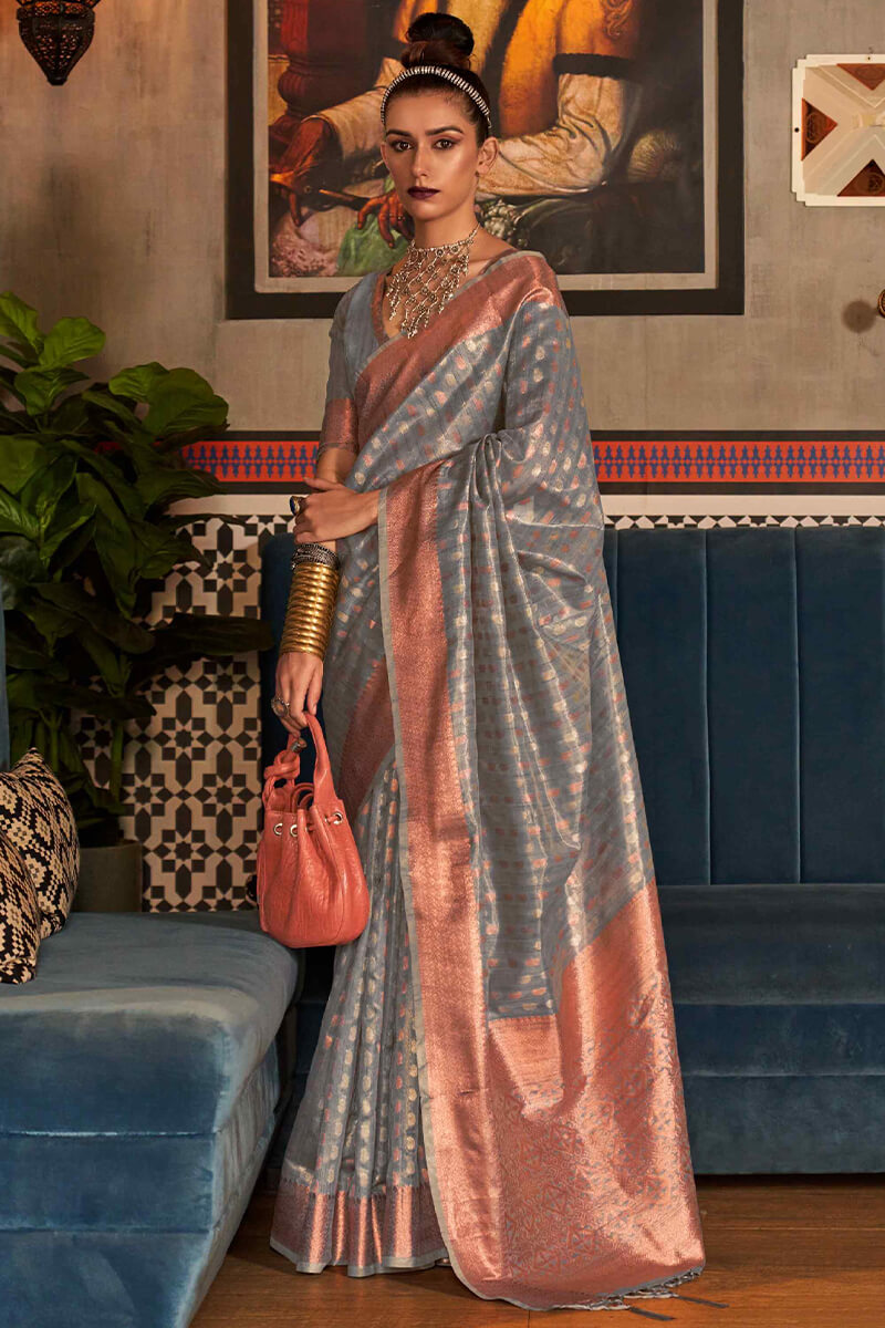Brood Grey Soft Banarasi Silk Saree With Mellifluous Blouse Piece - Surats Fabric