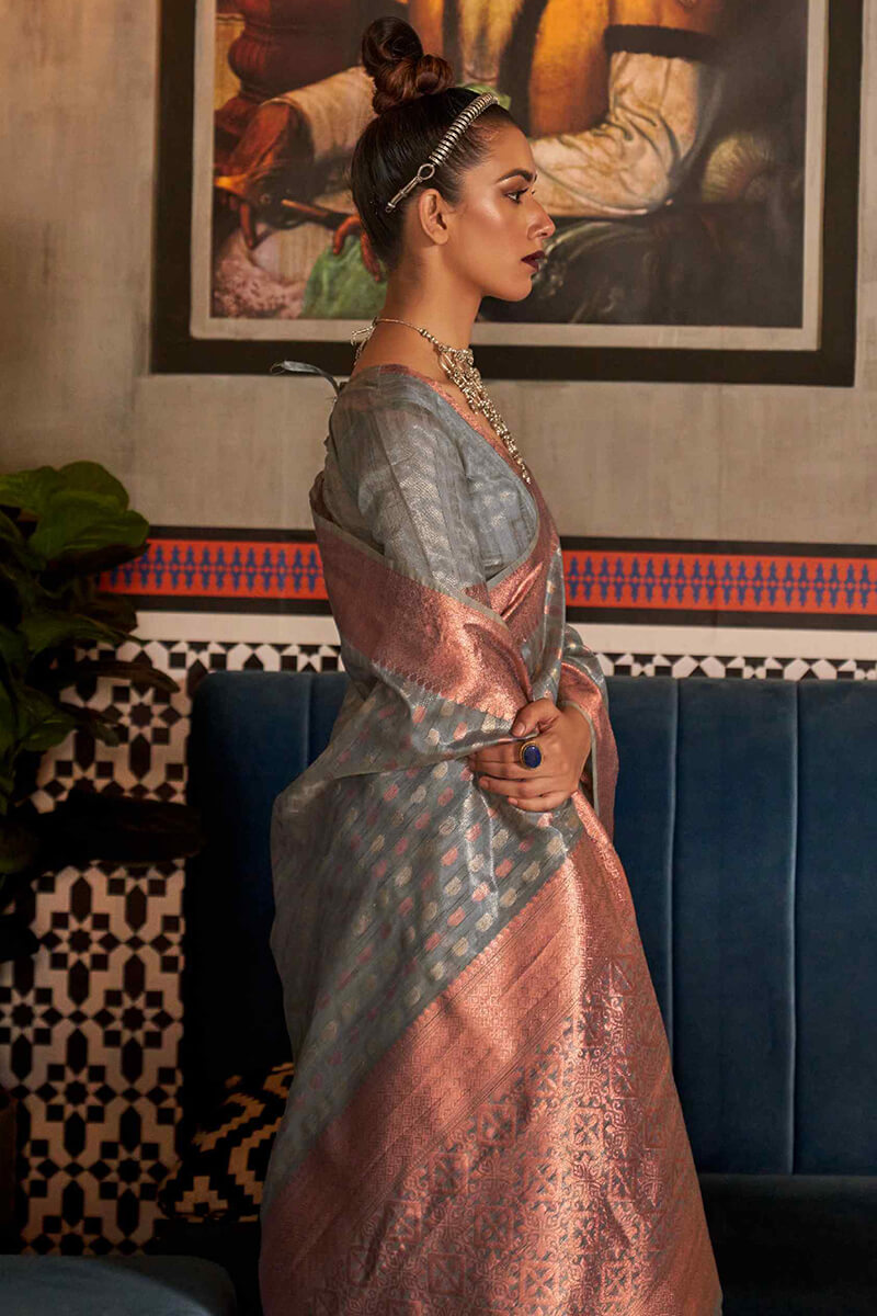 Brood Grey Soft Banarasi Silk Saree With Mellifluous Blouse Piece - Surats Fabric