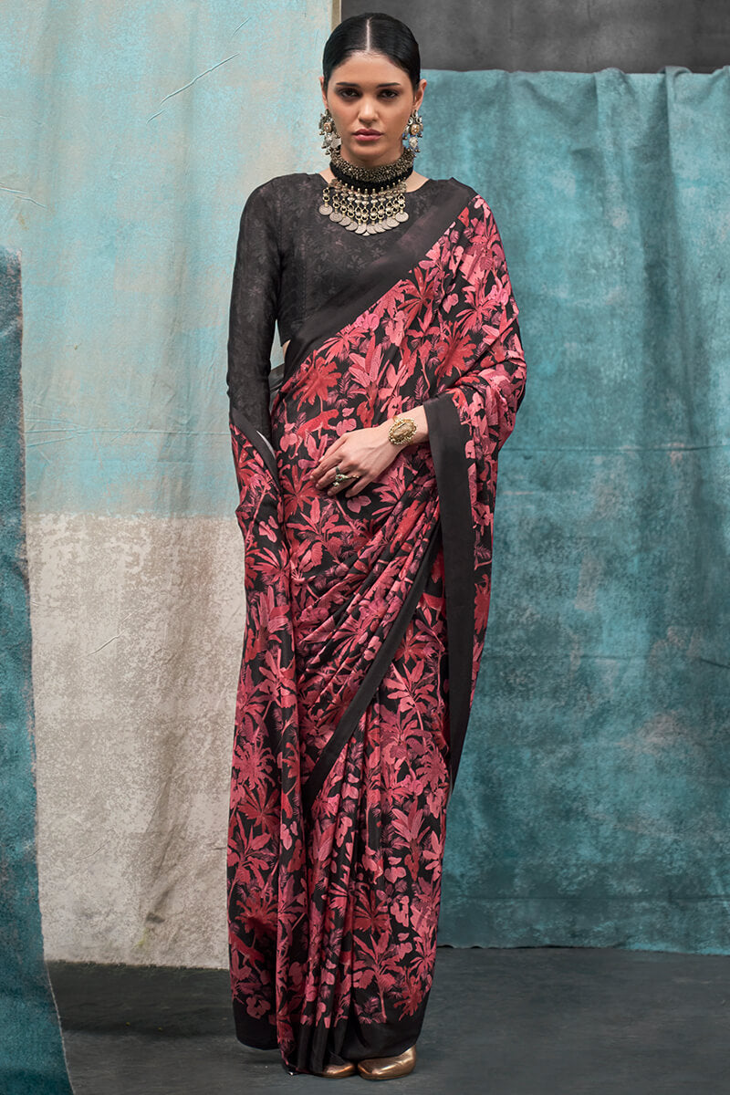 Attractive Maroon Digital Printed Crape Silk Saree With Elegant Blouse Piece - Surats Fabric