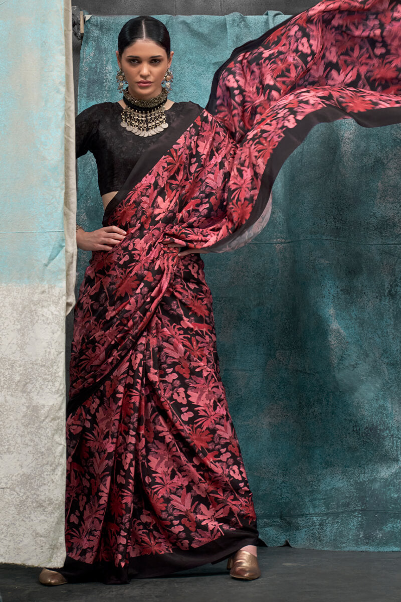 Attractive Maroon Digital Printed Crape Silk Saree With Elegant Blouse Piece - Surats Fabric