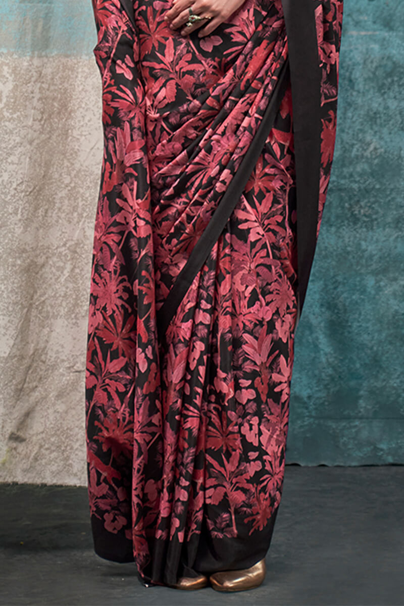 Attractive Maroon Digital Printed Crape Silk Saree With Elegant Blouse Piece - Surats Fabric