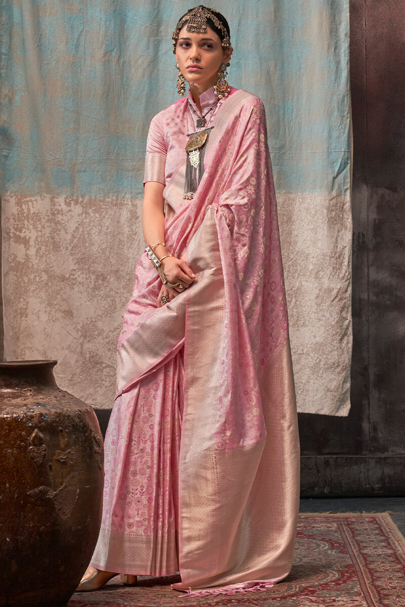 Blissful Pink Banarasi Satin Silk Saree With Ethnic Blouse - Surats Fabric