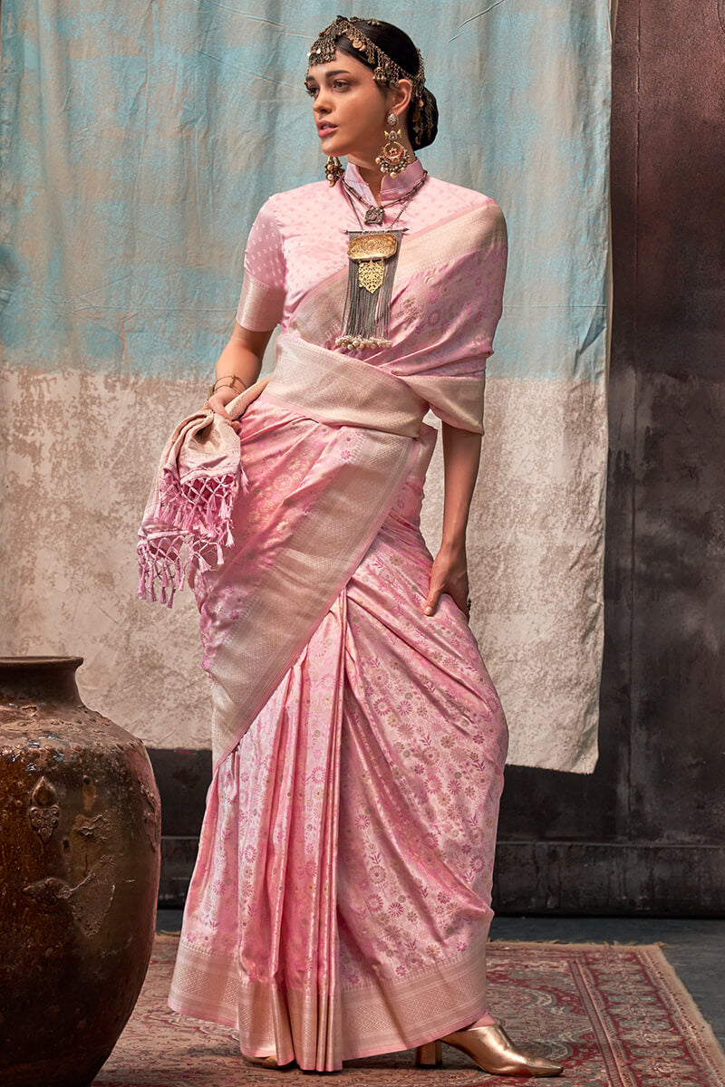 Blissful Pink Banarasi Satin Silk Saree With Ethnic Blouse - Surats Fabric