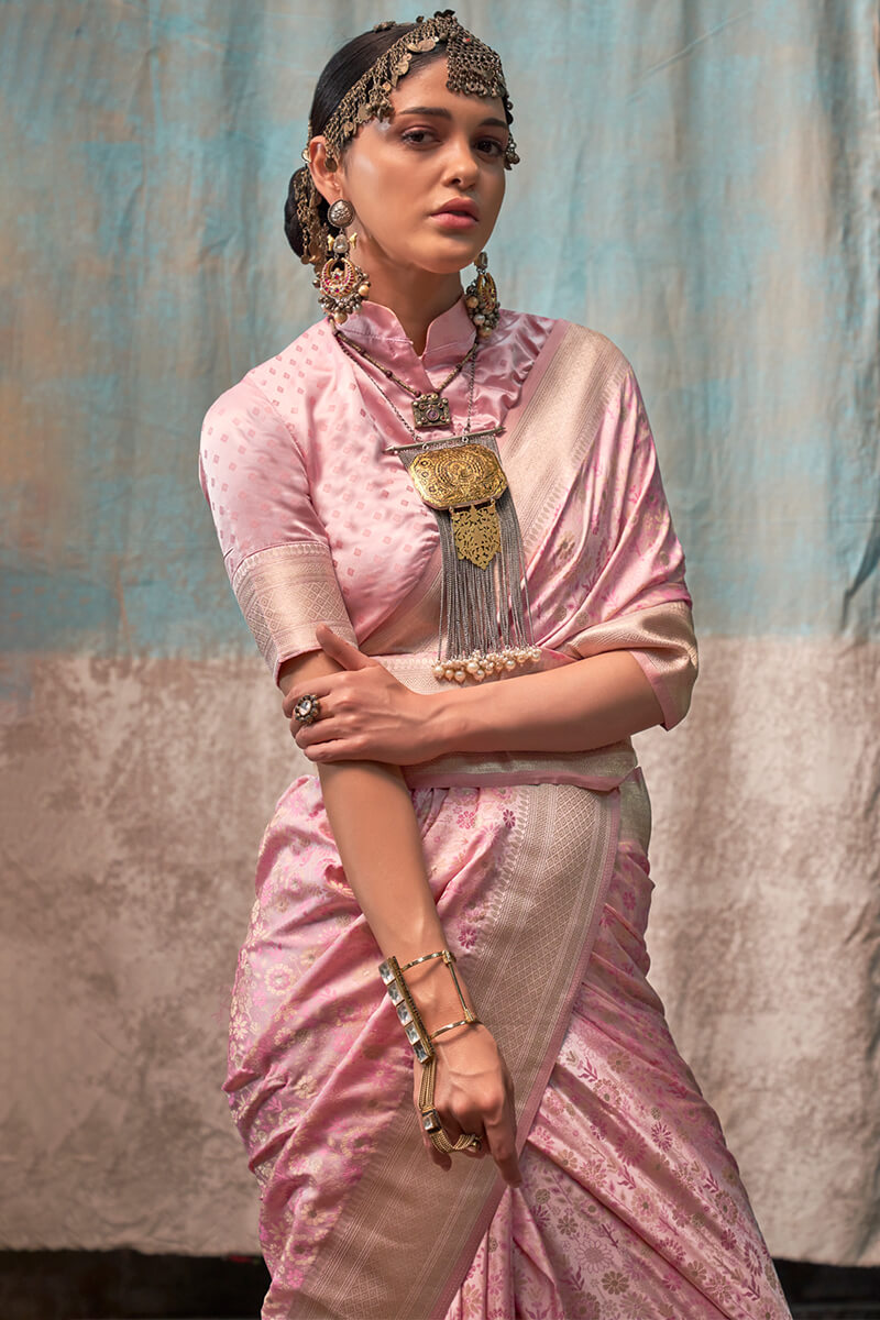Blissful Pink Banarasi Satin Silk Saree With Ethnic Blouse - Surats Fabric