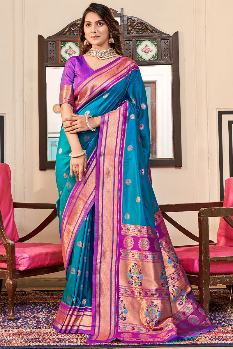 Artistic Firozi Paithani Silk Saree With Winsome Blouse Piece - Surats Fabric