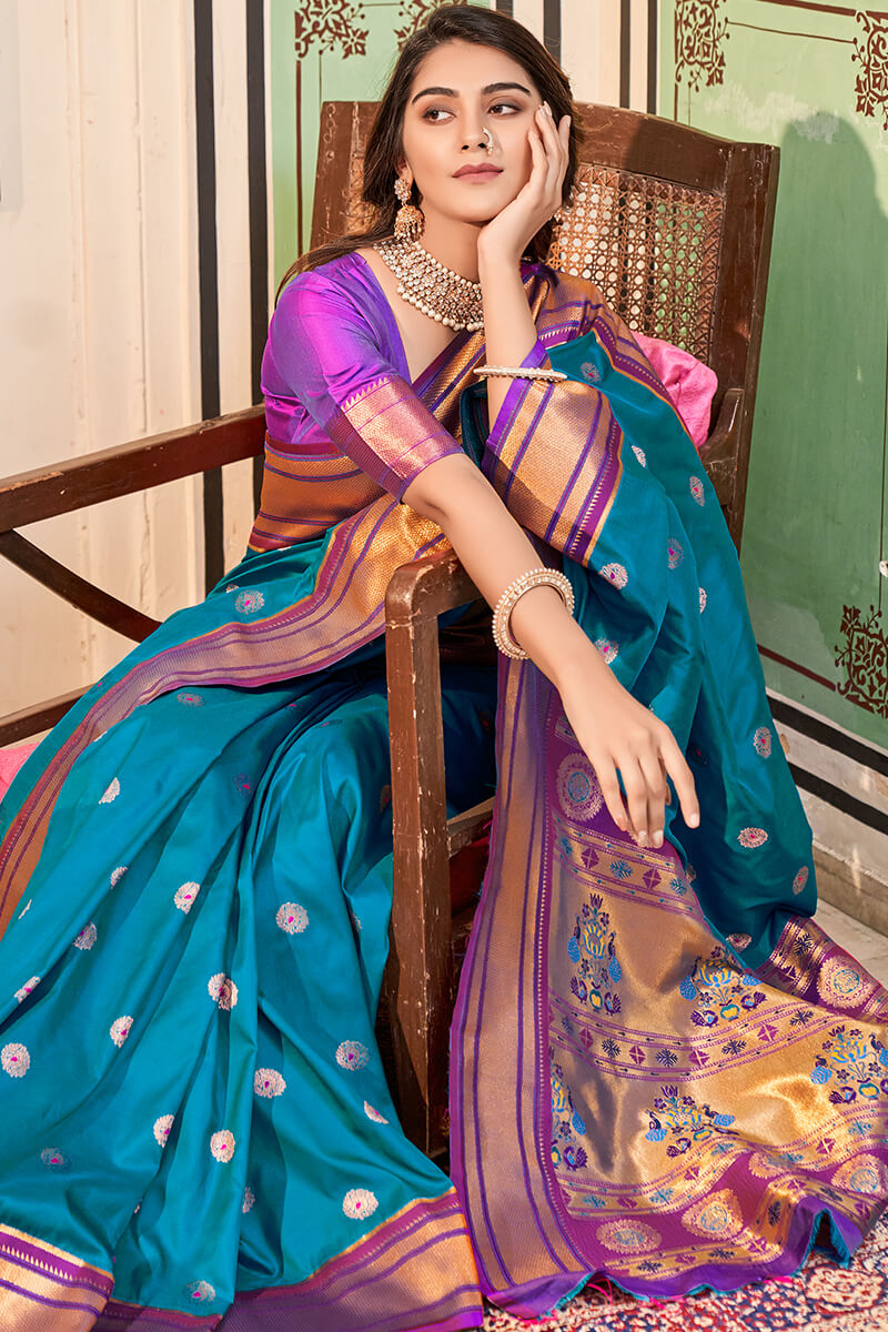 Artistic Firozi Paithani Silk Saree With Winsome Blouse Piece - Surats Fabric