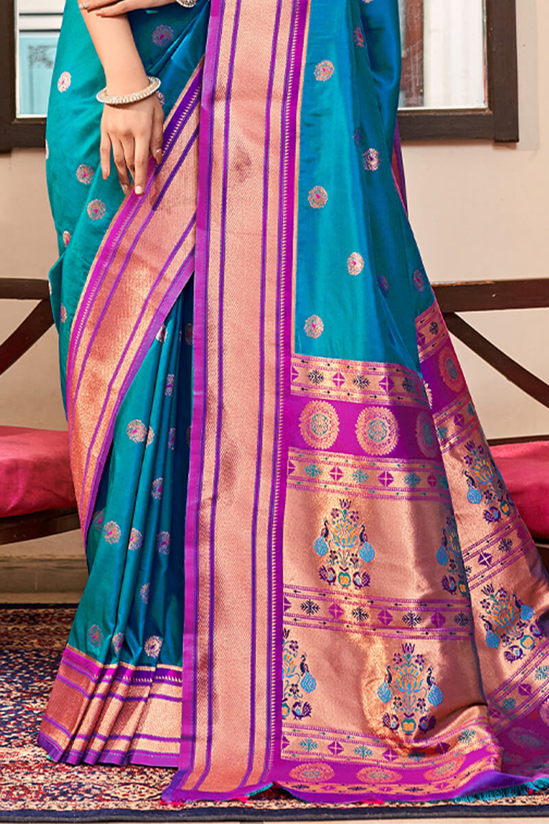 Artistic Firozi Paithani Silk Saree With Winsome Blouse Piece - Surats Fabric
