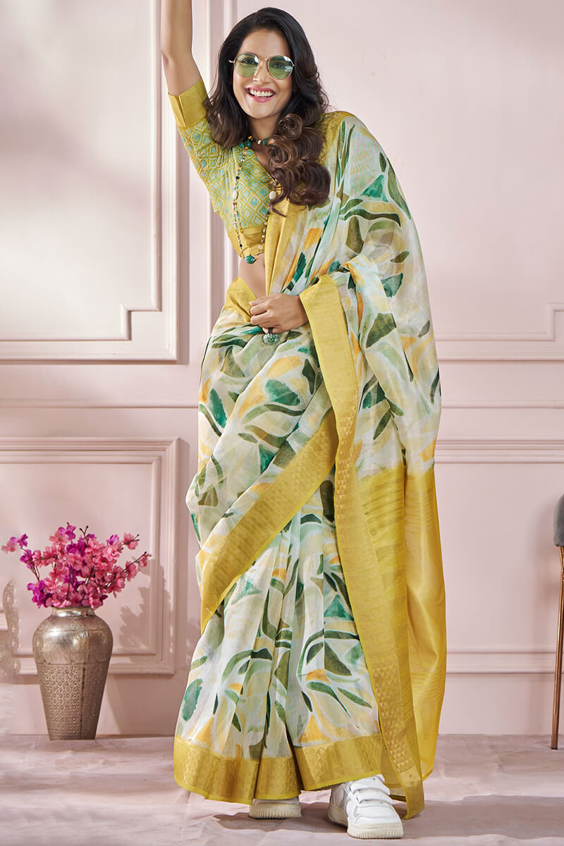 Bewitching Mustard Digital Printed Soft Silk Saree With Cynosure Blouse Piece - Surats Fabric