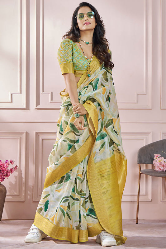 Bewitching Mustard Digital Printed Soft Silk Saree With Cynosure Blouse Piece - Surats Fabric