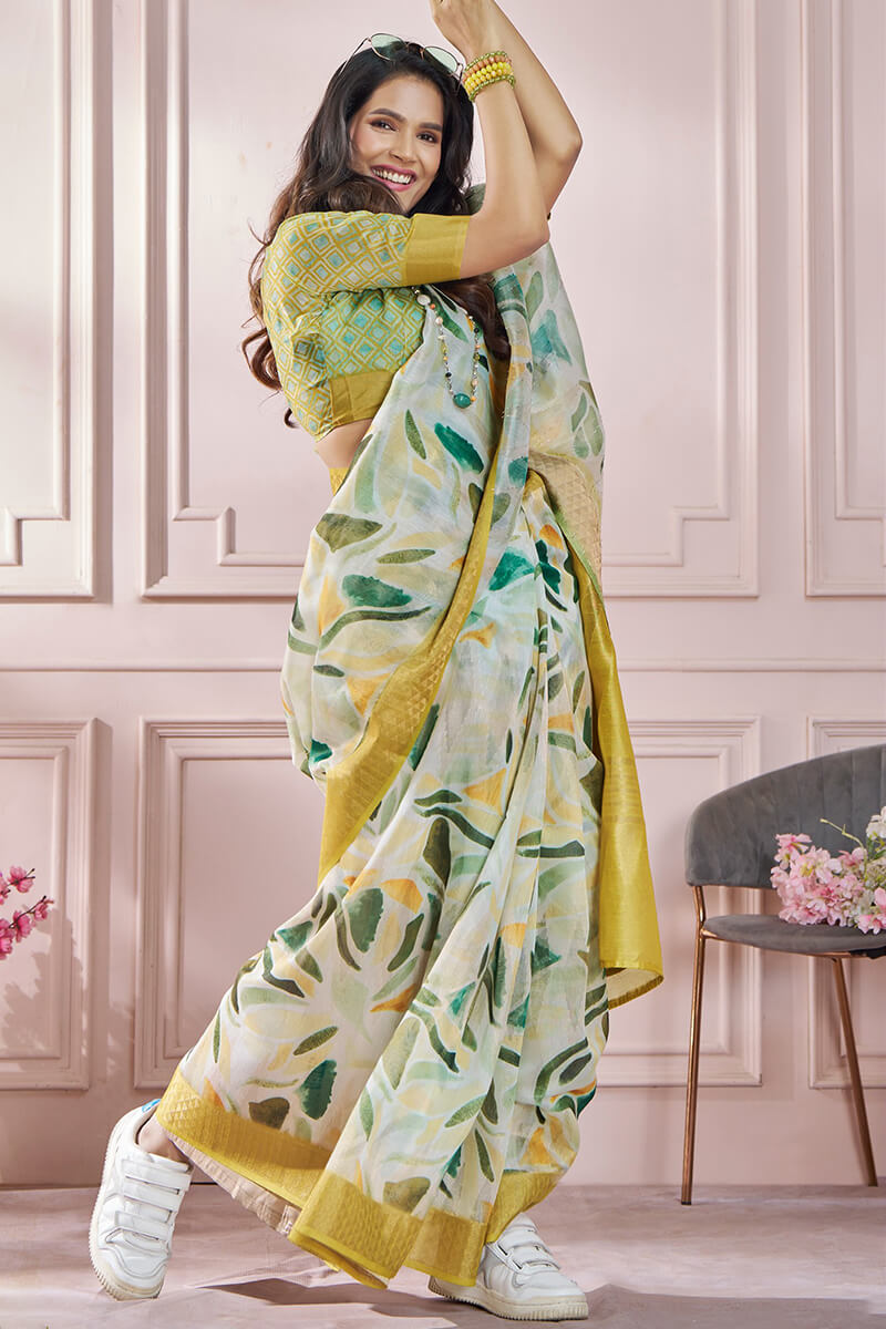 Bewitching Mustard Digital Printed Soft Silk Saree With Cynosure Blouse Piece - Surats Fabric