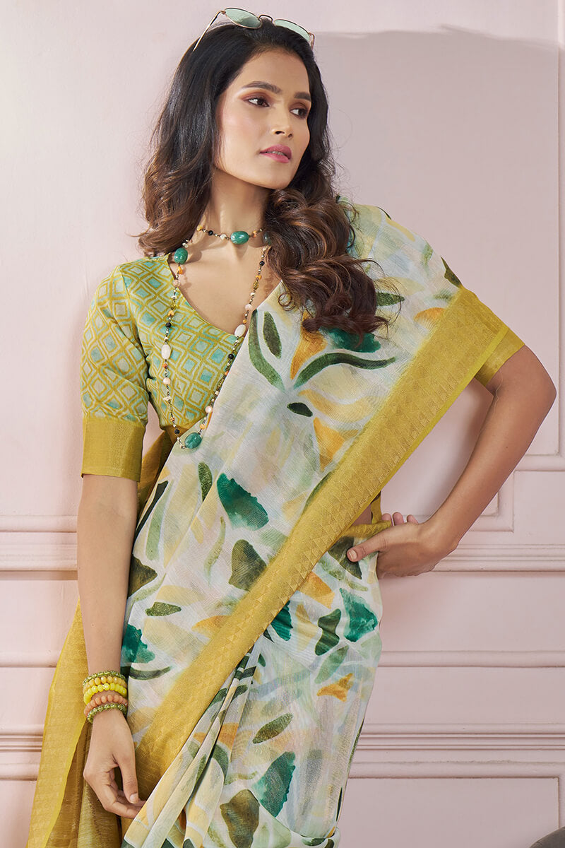 Bewitching Mustard Digital Printed Soft Silk Saree With Cynosure Blouse Piece - Surats Fabric