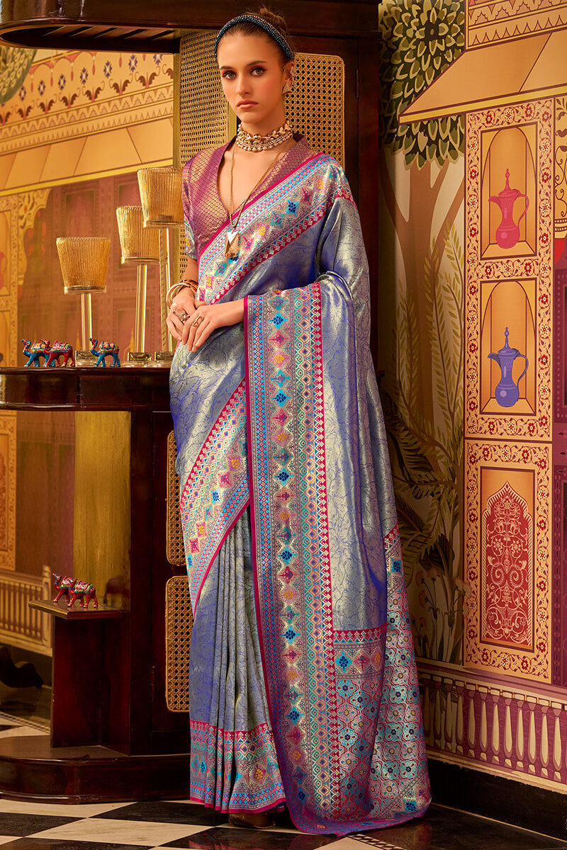 Arresting Blue Soft Banarasi Tissue Silk Saree With Charismatic Blouse Piece - Surats Fabric