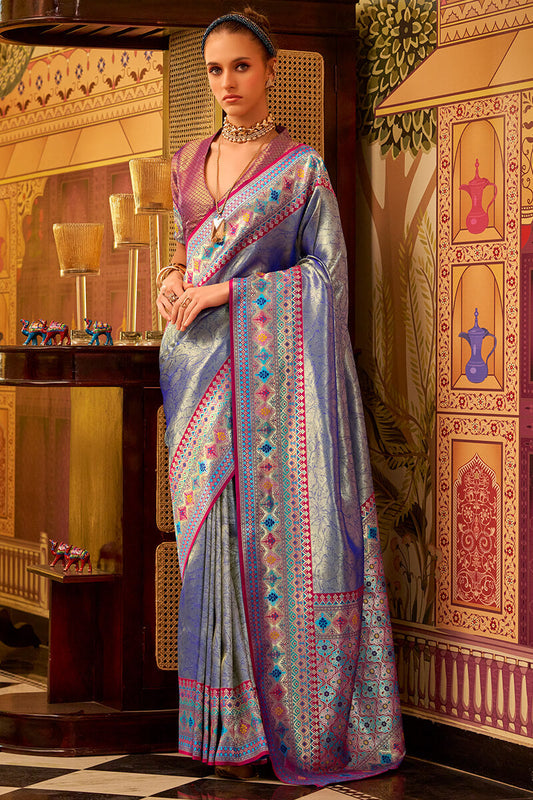 Arresting Blue Soft Banarasi Tissue Silk Saree With Charismatic Blouse Piece - Surats Fabric