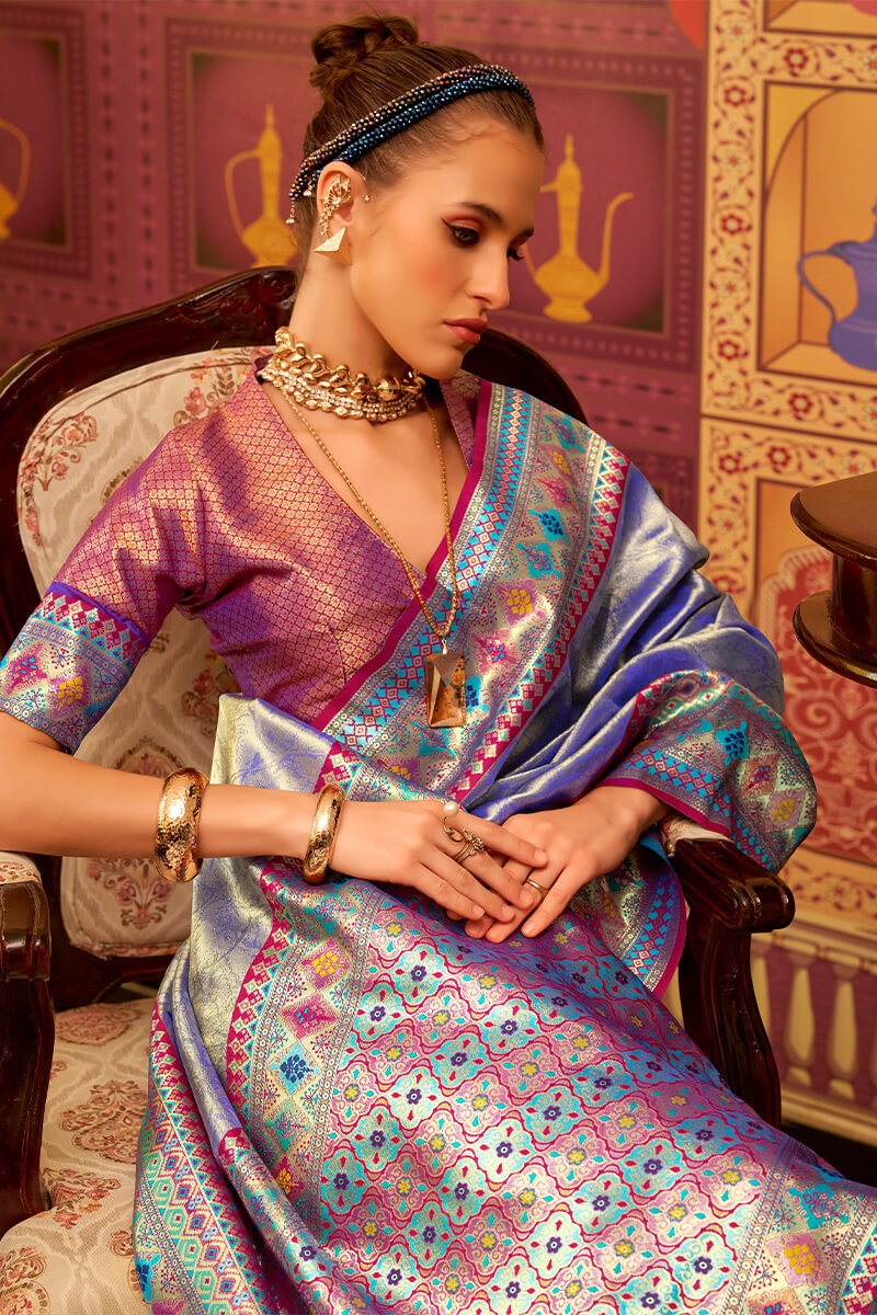 Arresting Blue Soft Banarasi Tissue Silk Saree With Charismatic Blouse Piece - Surats Fabric