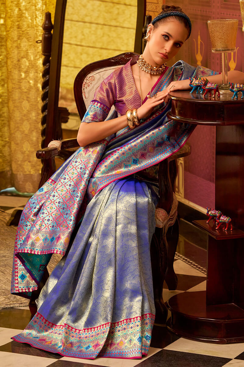 Arresting Blue Soft Banarasi Tissue Silk Saree With Charismatic Blouse Piece - Surats Fabric