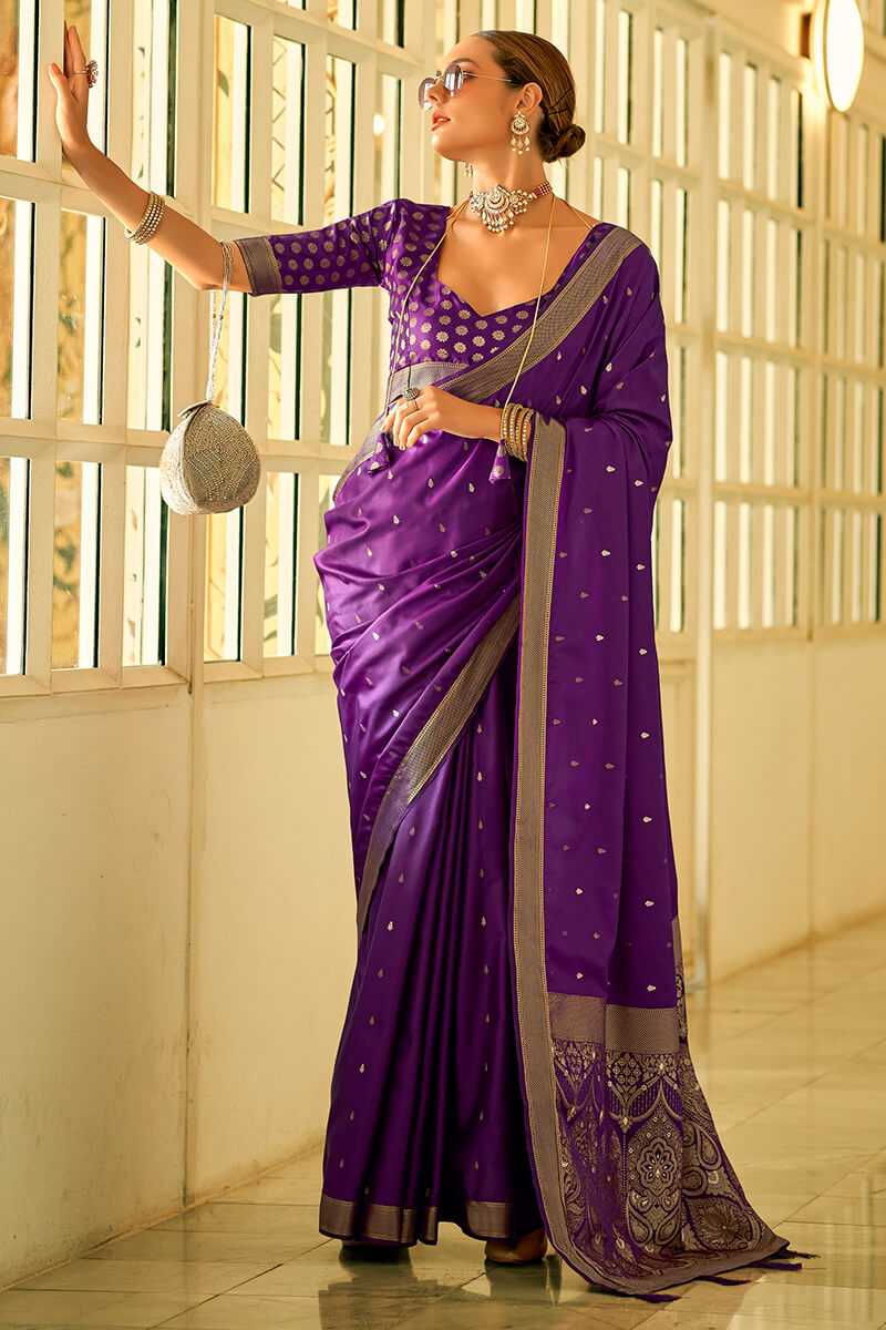 Brood Purple Banarasi Satin Silk Saree With Comely Blouse Piece - Surats Fabric