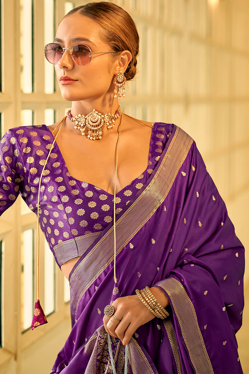 Brood Purple Banarasi Satin Silk Saree With Comely Blouse Piece - Surats Fabric