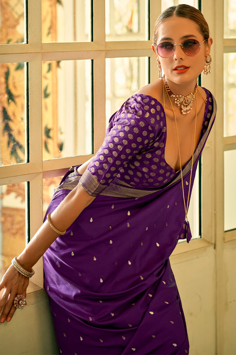 Brood Purple Banarasi Satin Silk Saree With Comely Blouse Piece - Surats Fabric