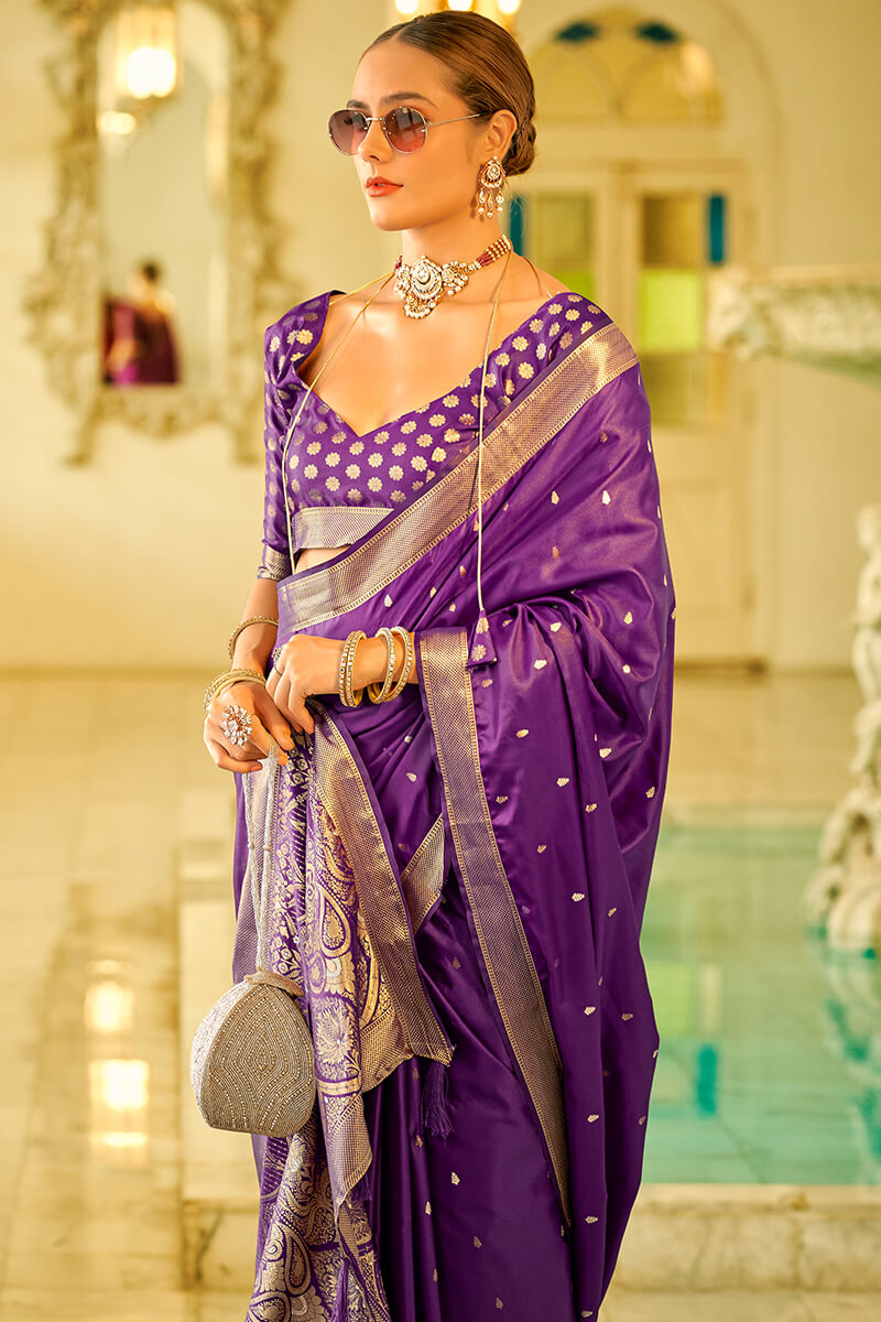 Brood Purple Banarasi Satin Silk Saree With Comely Blouse Piece - Surats Fabric