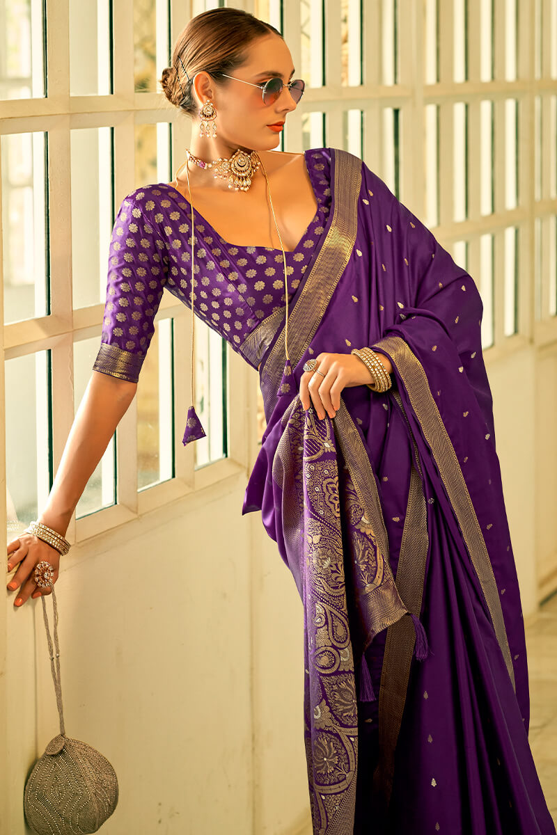 Brood Purple Banarasi Satin Silk Saree With Comely Blouse Piece - Surats Fabric