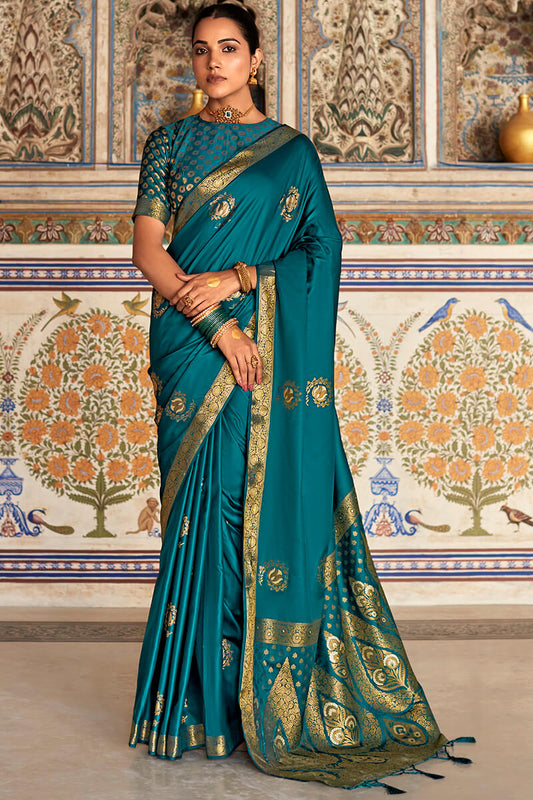 Blissful Rama Soft Banarasi Silk Saree With Supernal Blouse Piece - Surats Fabric