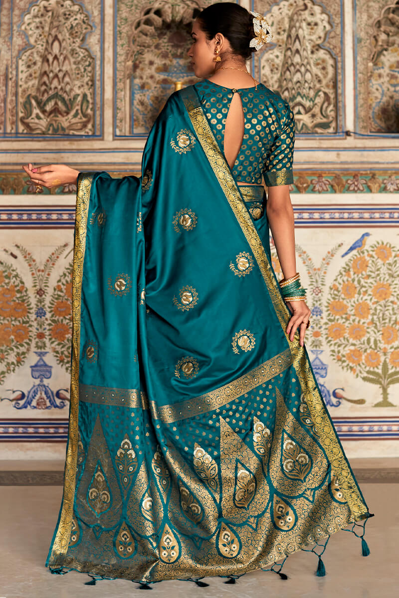 Blissful Rama Soft Banarasi Silk Saree With Supernal Blouse Piece - Surats Fabric