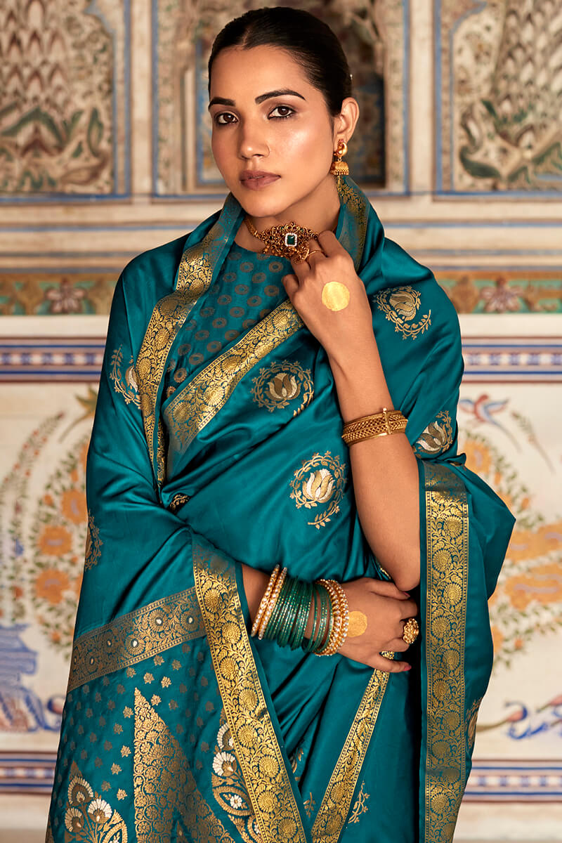 Blissful Rama Soft Banarasi Silk Saree With Supernal Blouse Piece - Surats Fabric