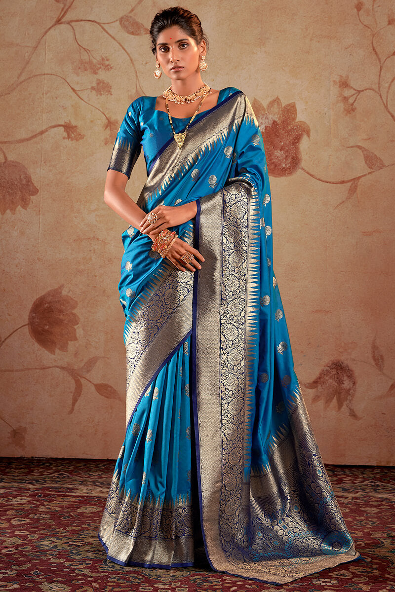Capricious Blue Soft Banarasi Silk Saree With Exceptional Blouse Piece - Surats Fabric
