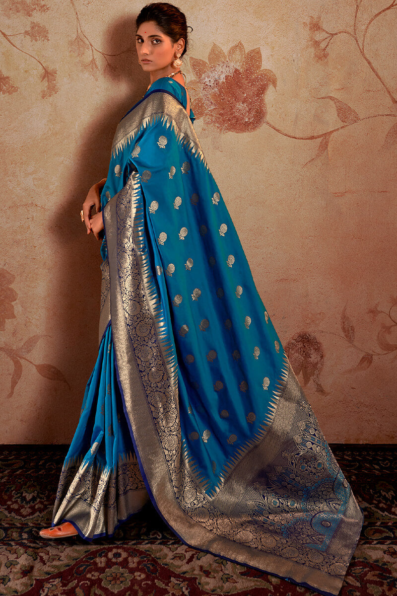 Capricious Blue Soft Banarasi Silk Saree With Exceptional Blouse Piece - Surats Fabric