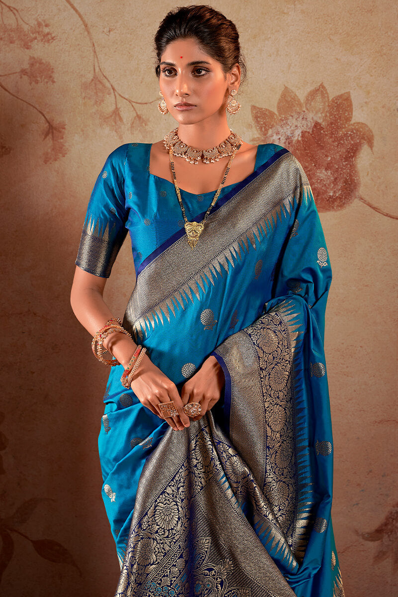 Capricious Blue Soft Banarasi Silk Saree With Exceptional Blouse Piece - Surats Fabric