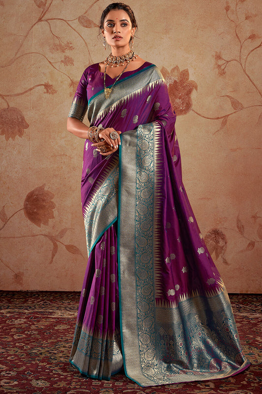 Assemblage Purple Soft Banarasi Silk Saree With Elision Blouse Piece - Surats Fabric