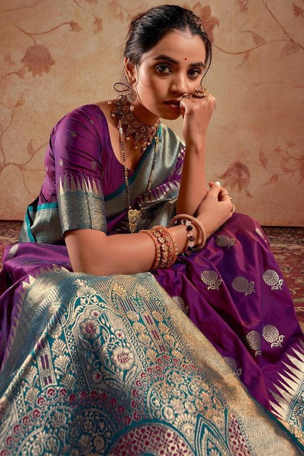 Assemblage Purple Soft Banarasi Silk Saree With Elision Blouse Piece - Surats Fabric