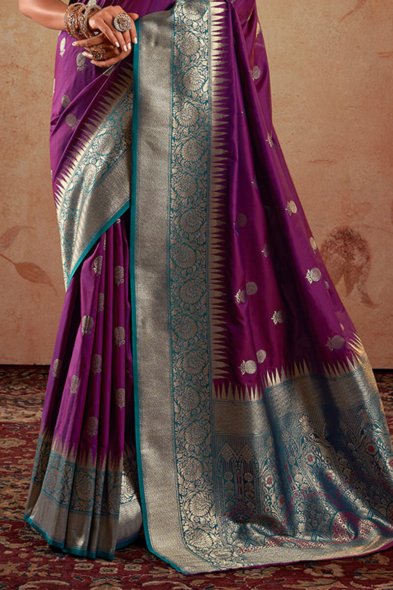 Assemblage Purple Soft Banarasi Silk Saree With Elision Blouse Piece - Surats Fabric