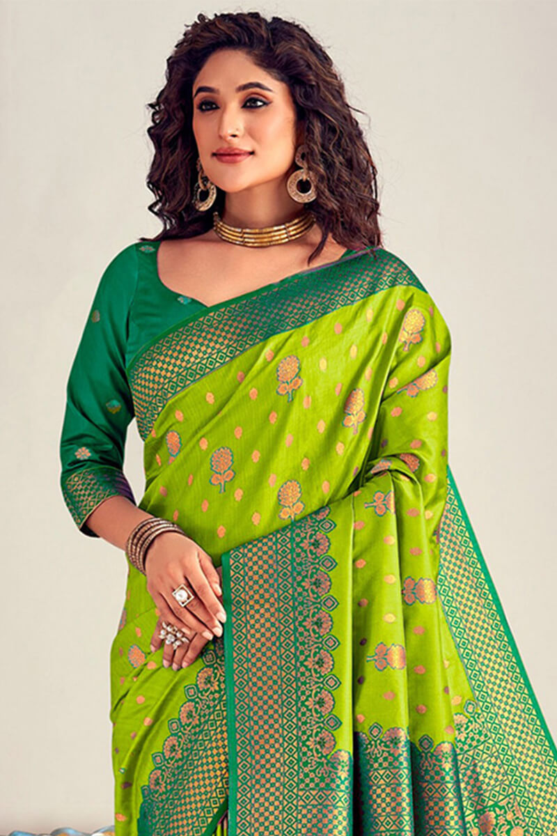 Capricious Parrot Soft Banarasi Silk Saree With Beautiful Blouse Piece - Surats Fabric