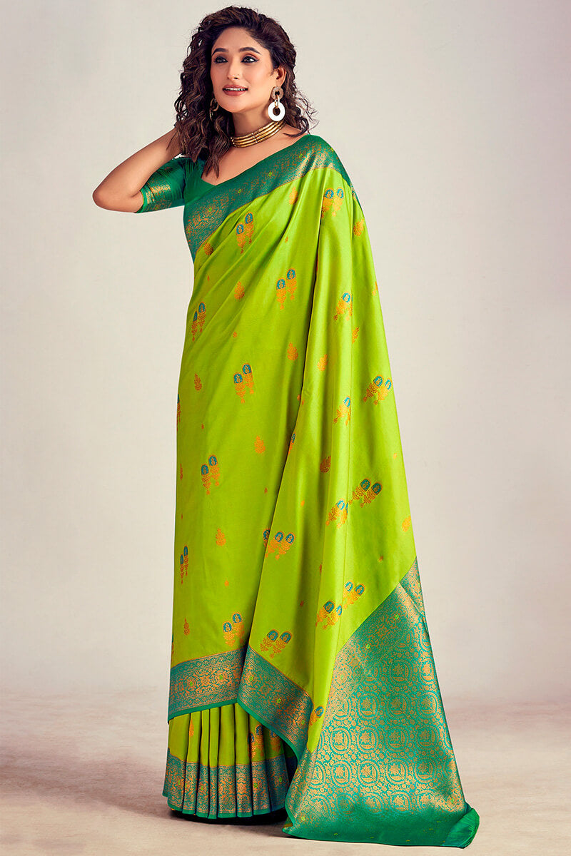 Beauteous Parrot Soft Banarasi Silk Saree With Moiety Blouse Piece - Surats Fabric