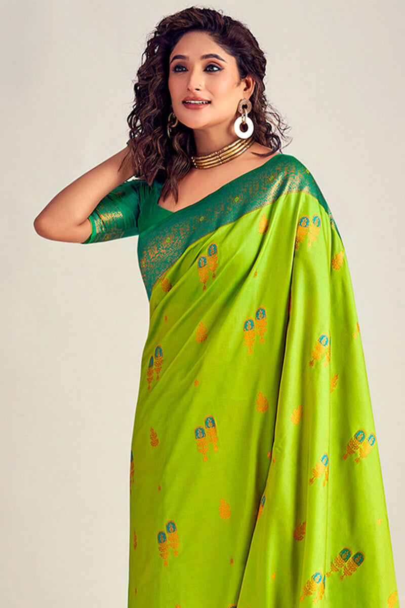 Beauteous Parrot Soft Banarasi Silk Saree With Moiety Blouse Piece - Surats Fabric