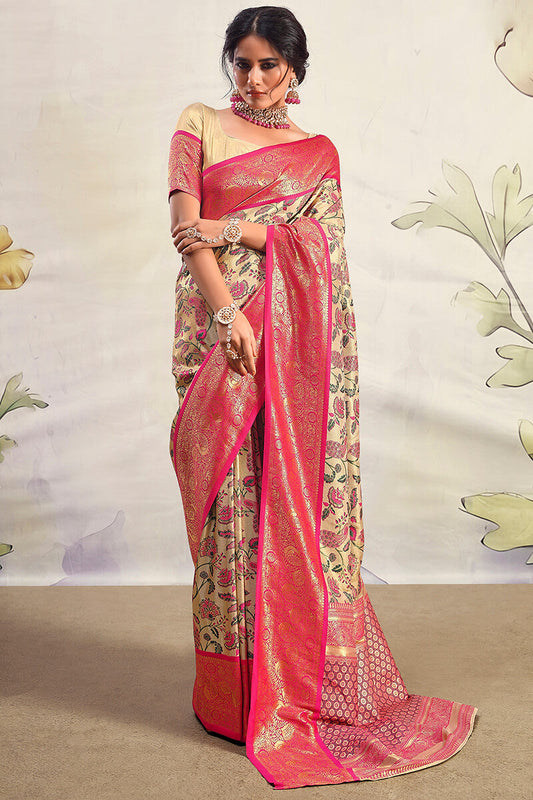 Beautiful Beige Kalamkari Printed Saree With Exquisite Blouse Piece - Surats Fabric