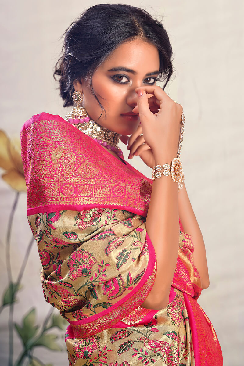 Beautiful Beige Kalamkari Printed Saree With Exquisite Blouse Piece - Surats Fabric